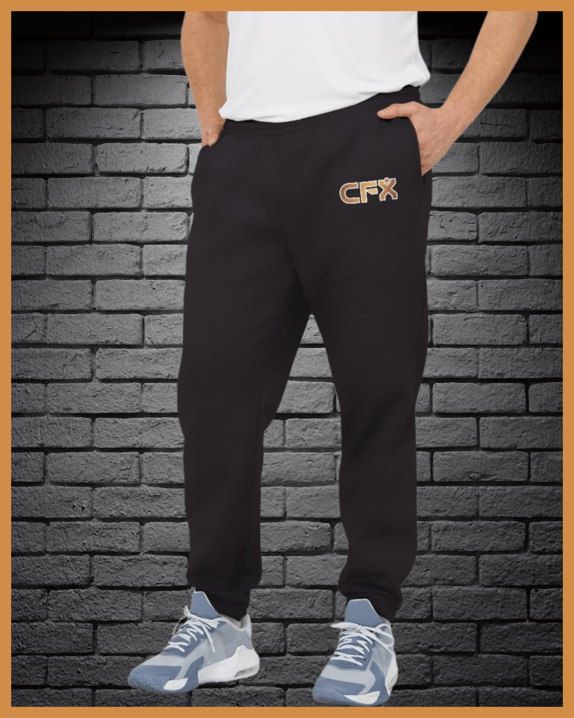 Model wearing CFX Fits joggers representing the bottoms collection