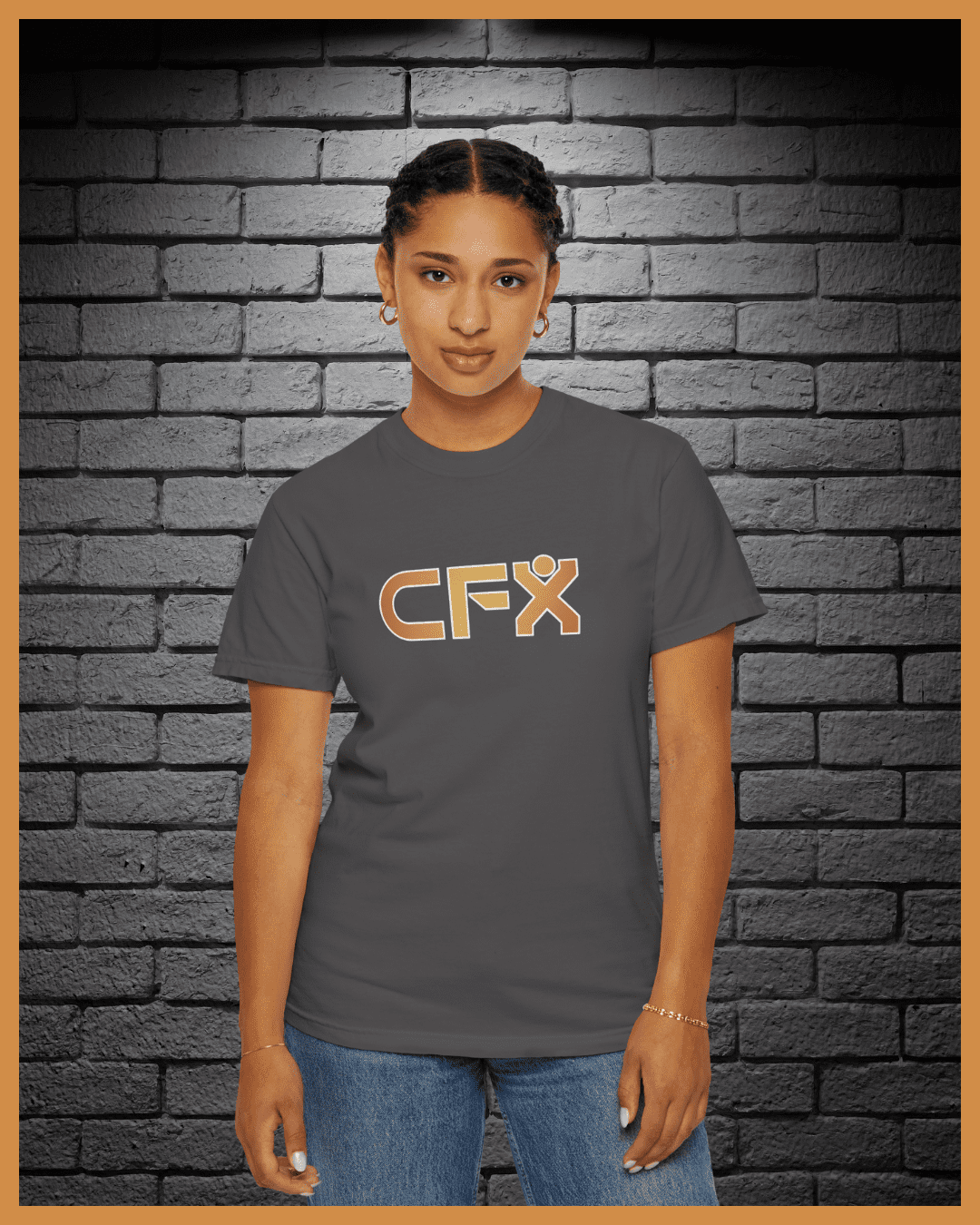 Model wearing a CFX Fits graphic t-shirt representing the t-shirts collection