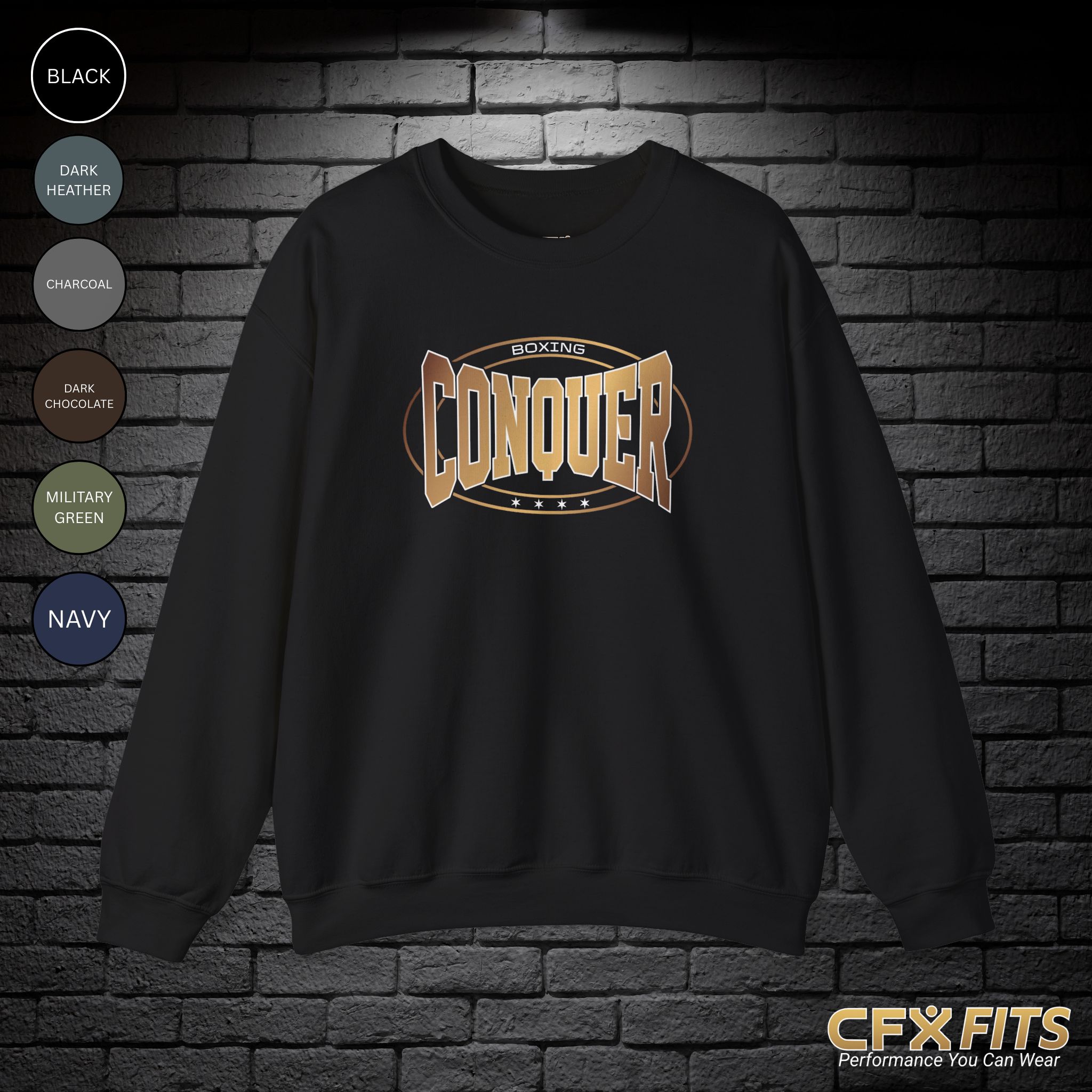 Conquer Boxing crewneck sweatshirt in black with bold Conquer graphic
