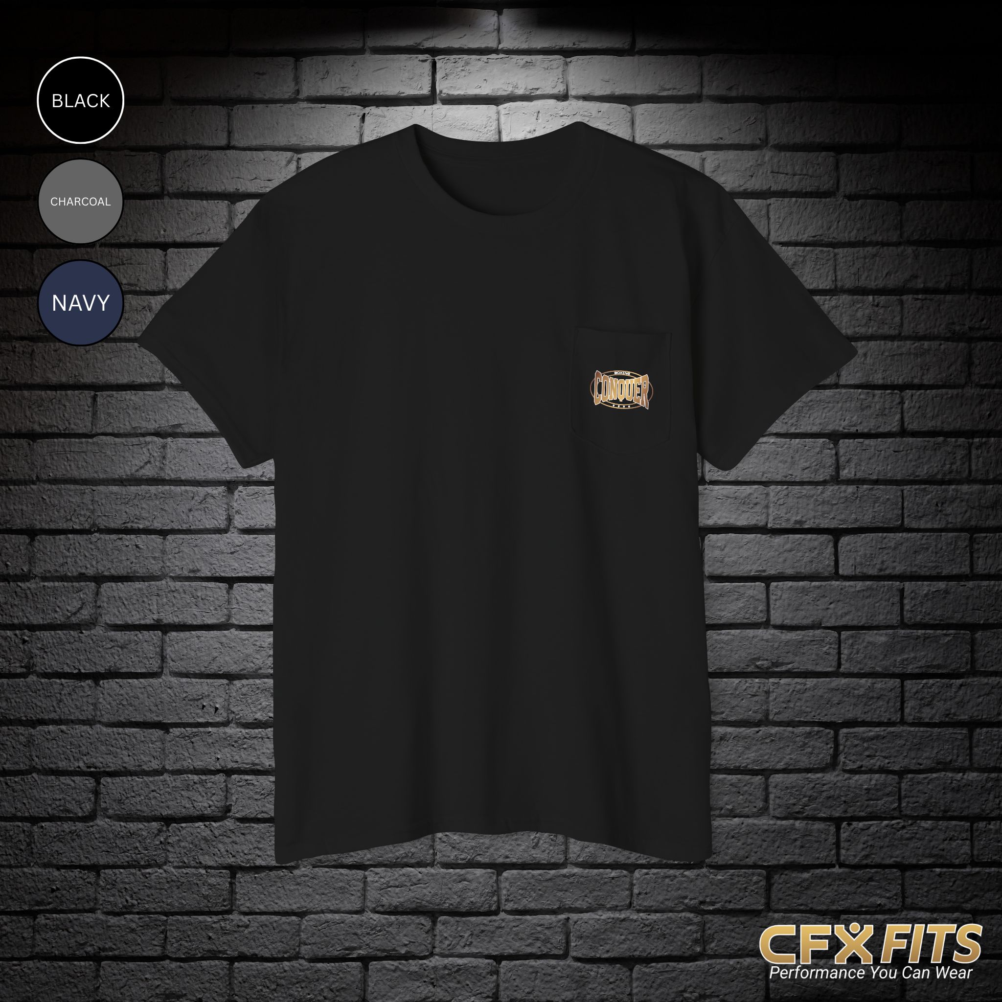 Conquer Boxing pocket t-shirt in black with Conquer logo on chest pocket