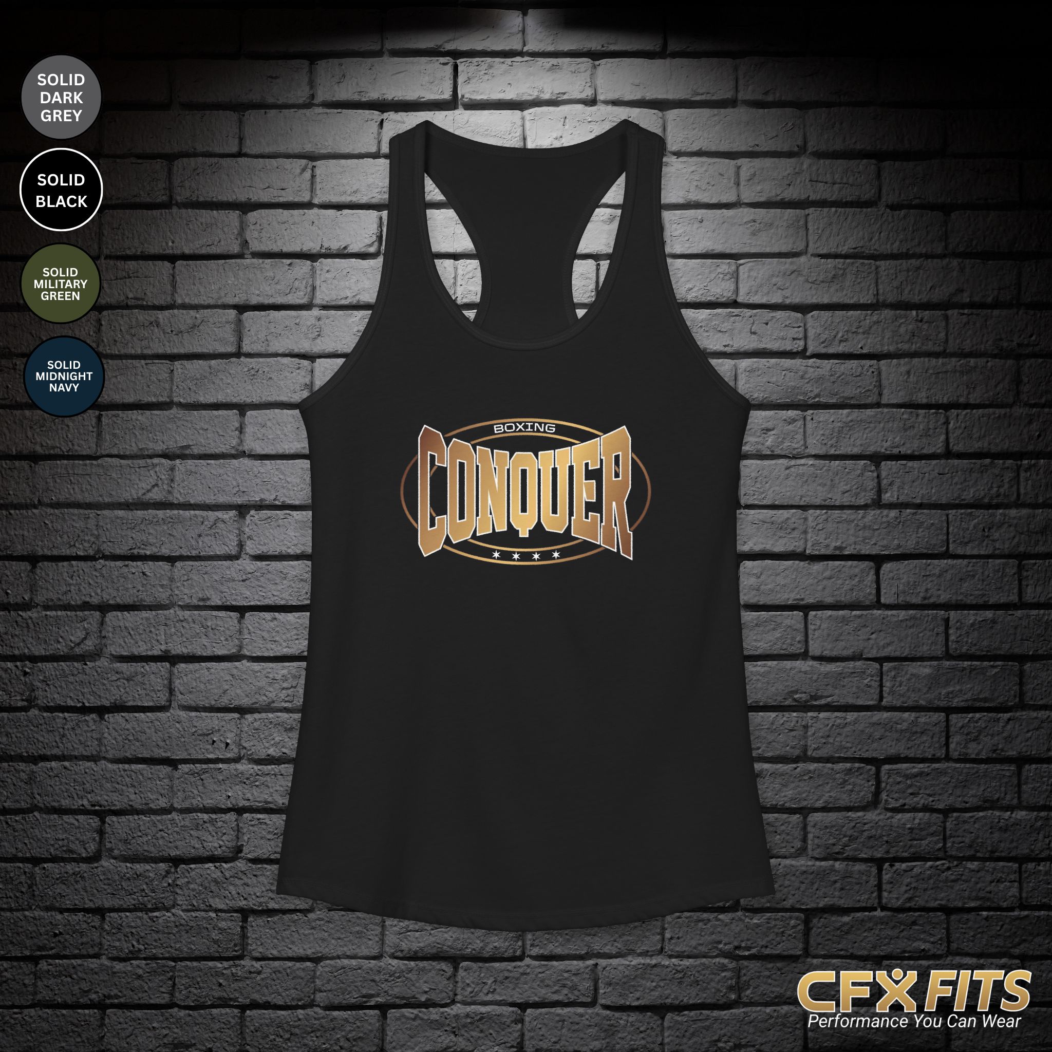 Conquer Boxing women’s racerback tank in solid black with bold Conquer graphic