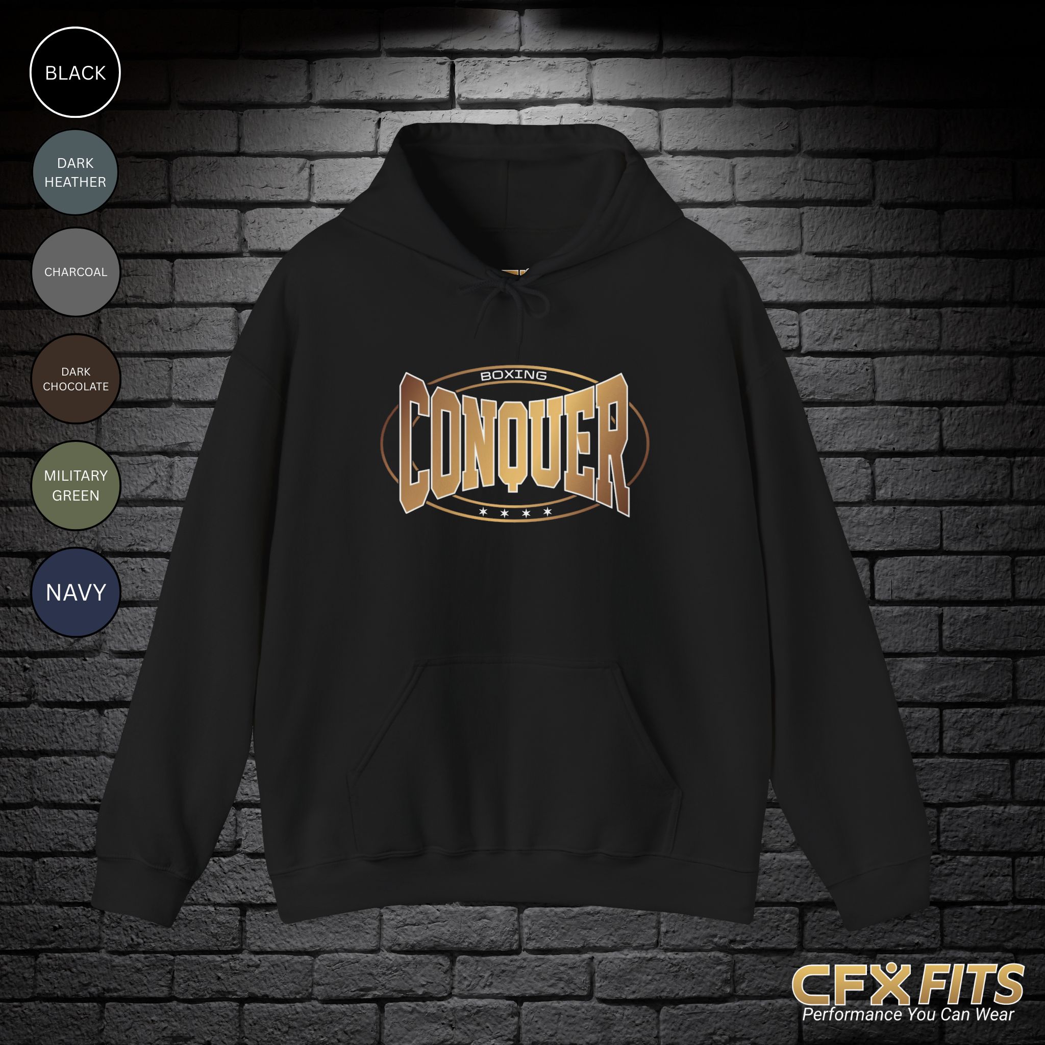 Conquer Boxing hoodie in black with bold Conquer graphic