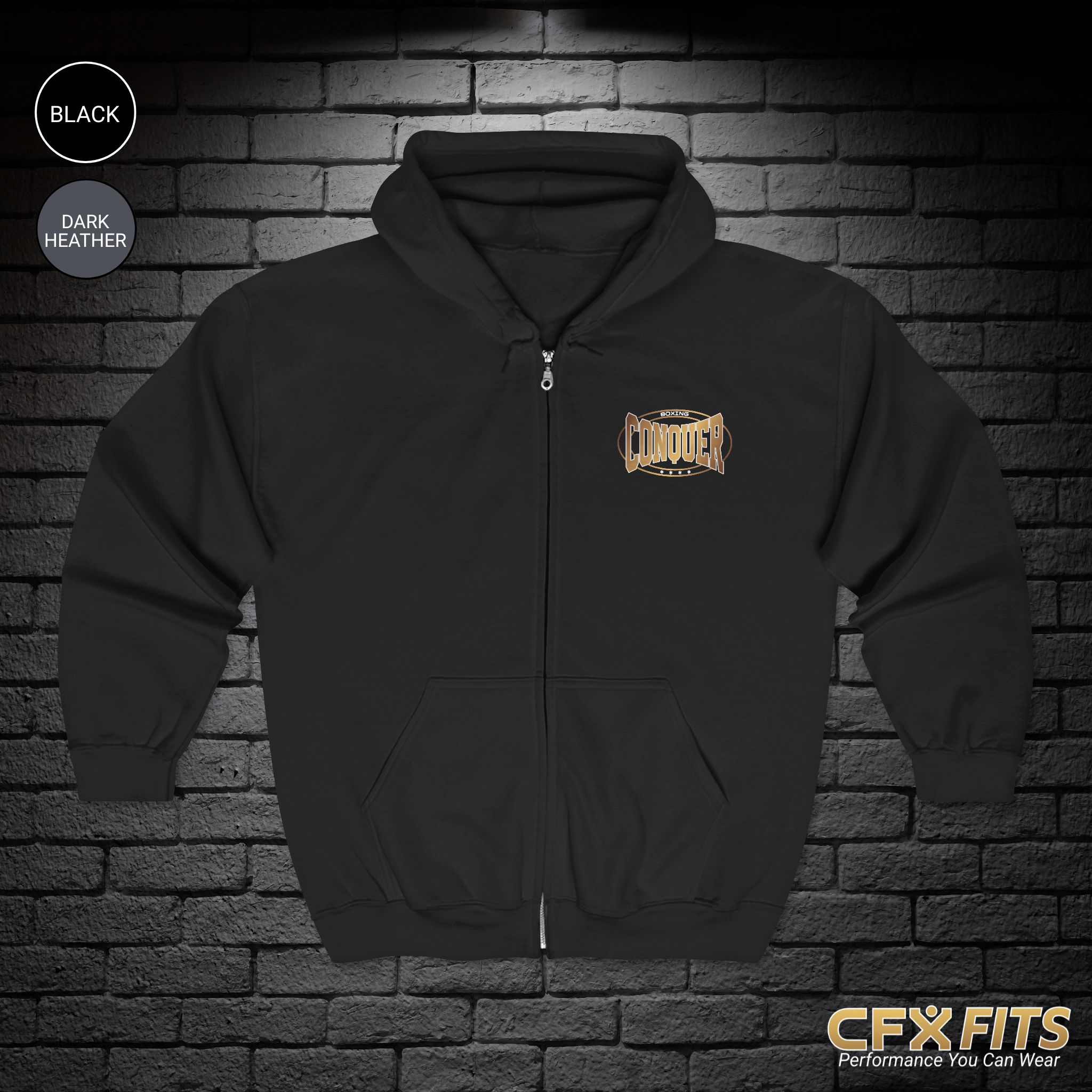Conquer Boxing zip-up hoodie in black with Conquer logo on chest