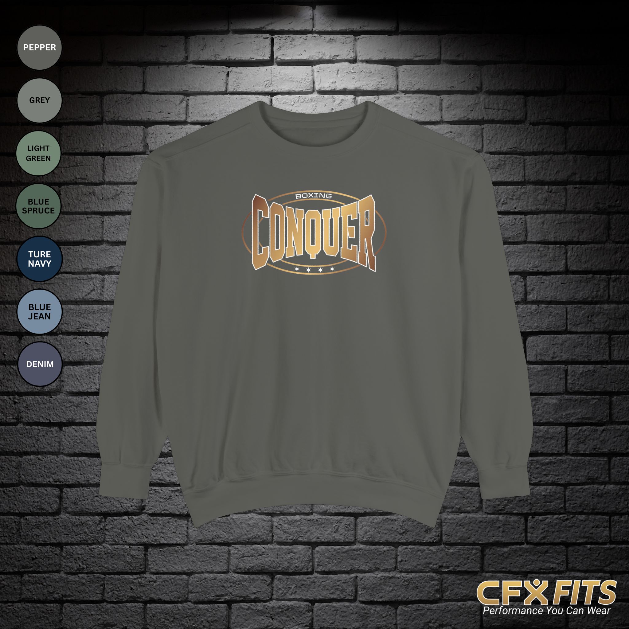 Conquer Boxing Comfort Colors crewneck sweatshirt in pepper with bold Conquer graphic