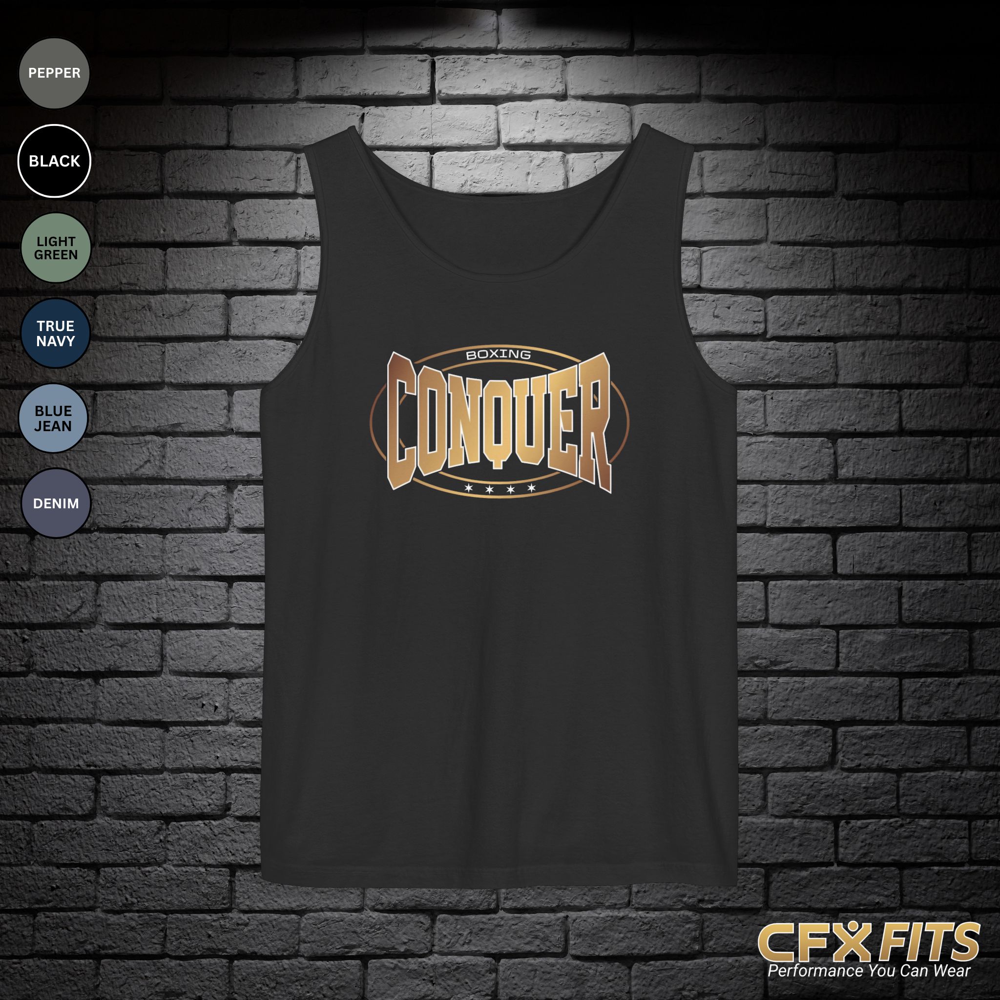 Conquer Boxing Comfort Colors tank top in black with bold Conquer graphic