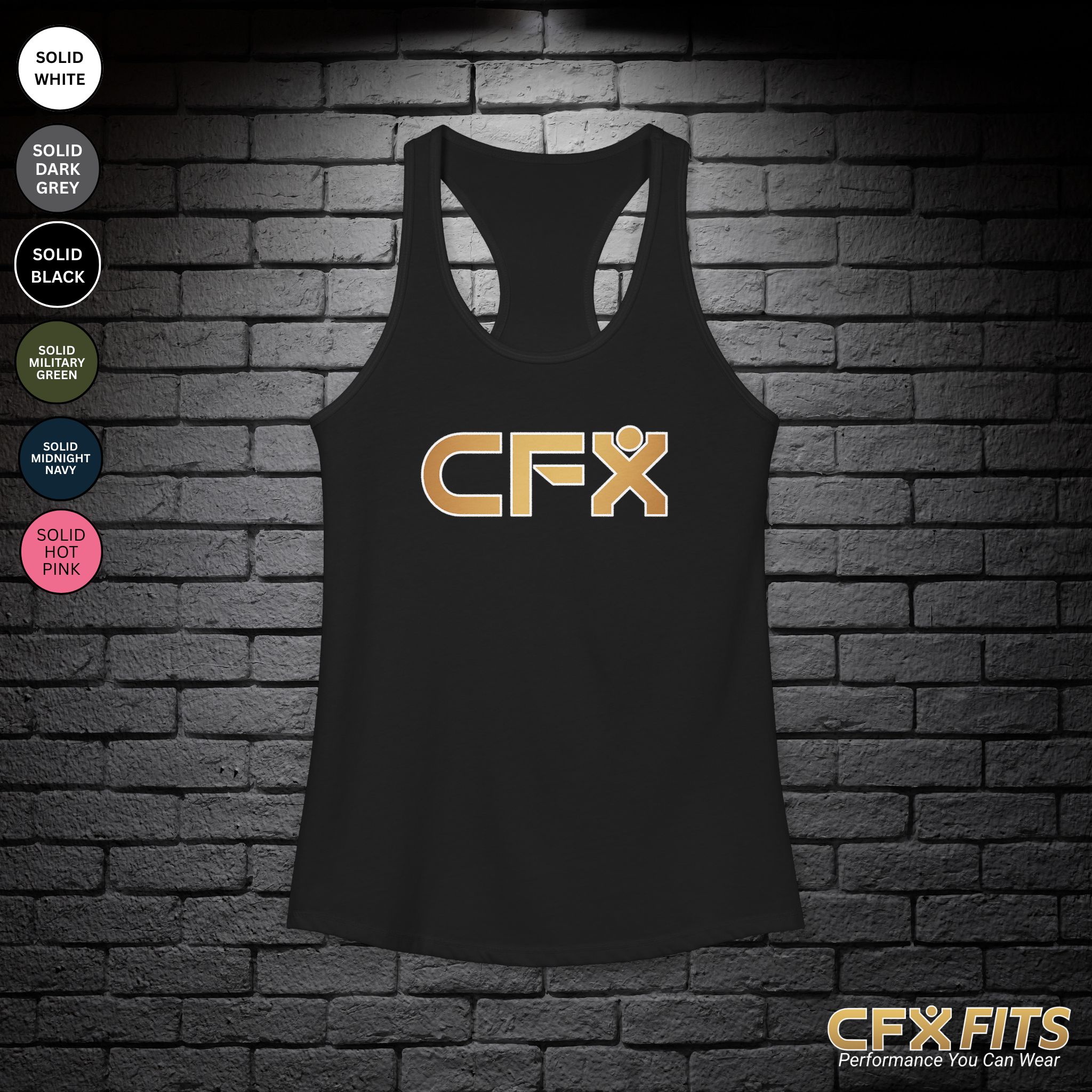 CFX women’s racerback tank top in solid black, Next Level gym tank