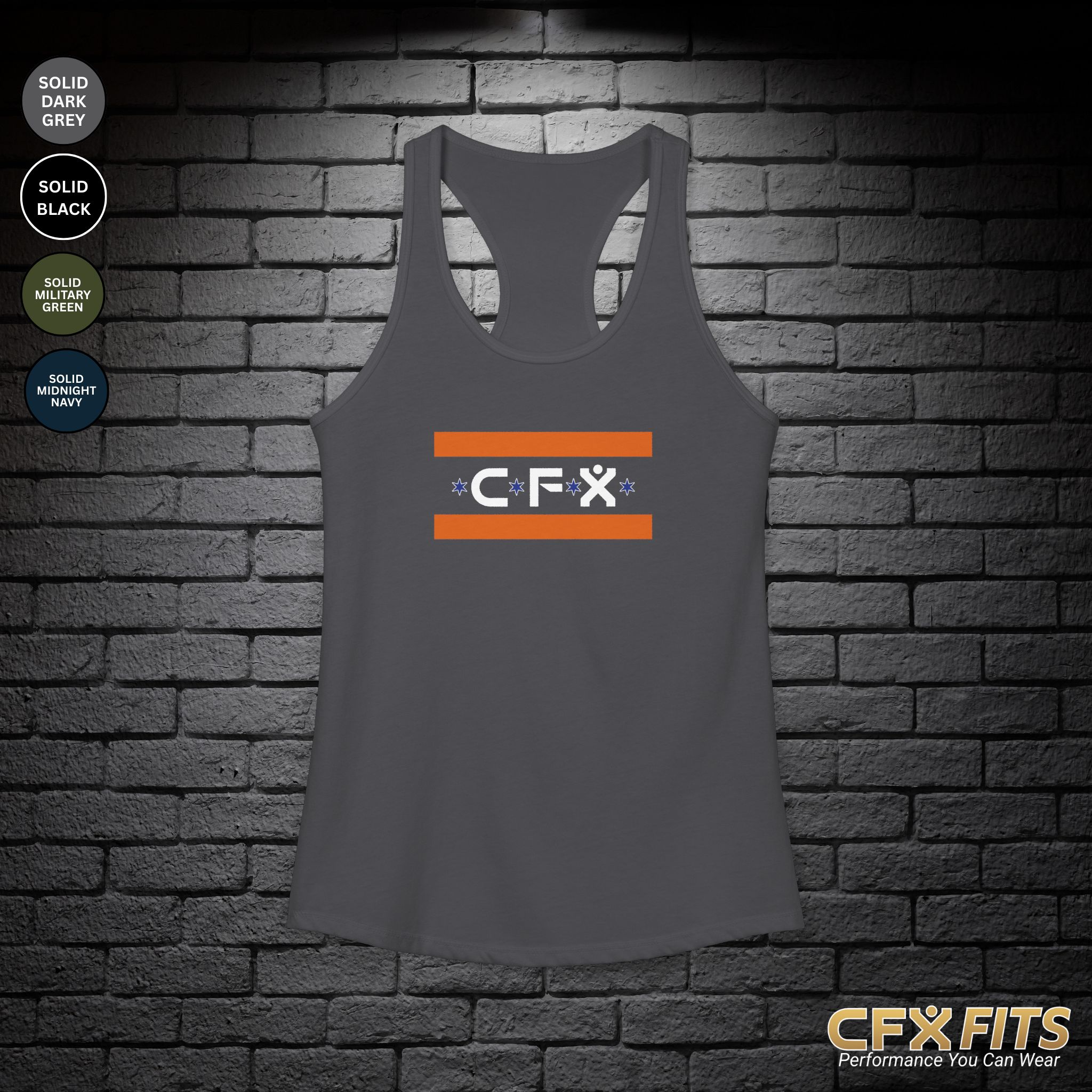 Front of the It’s Chicago sports women’s racerback tank in solid dark grey.