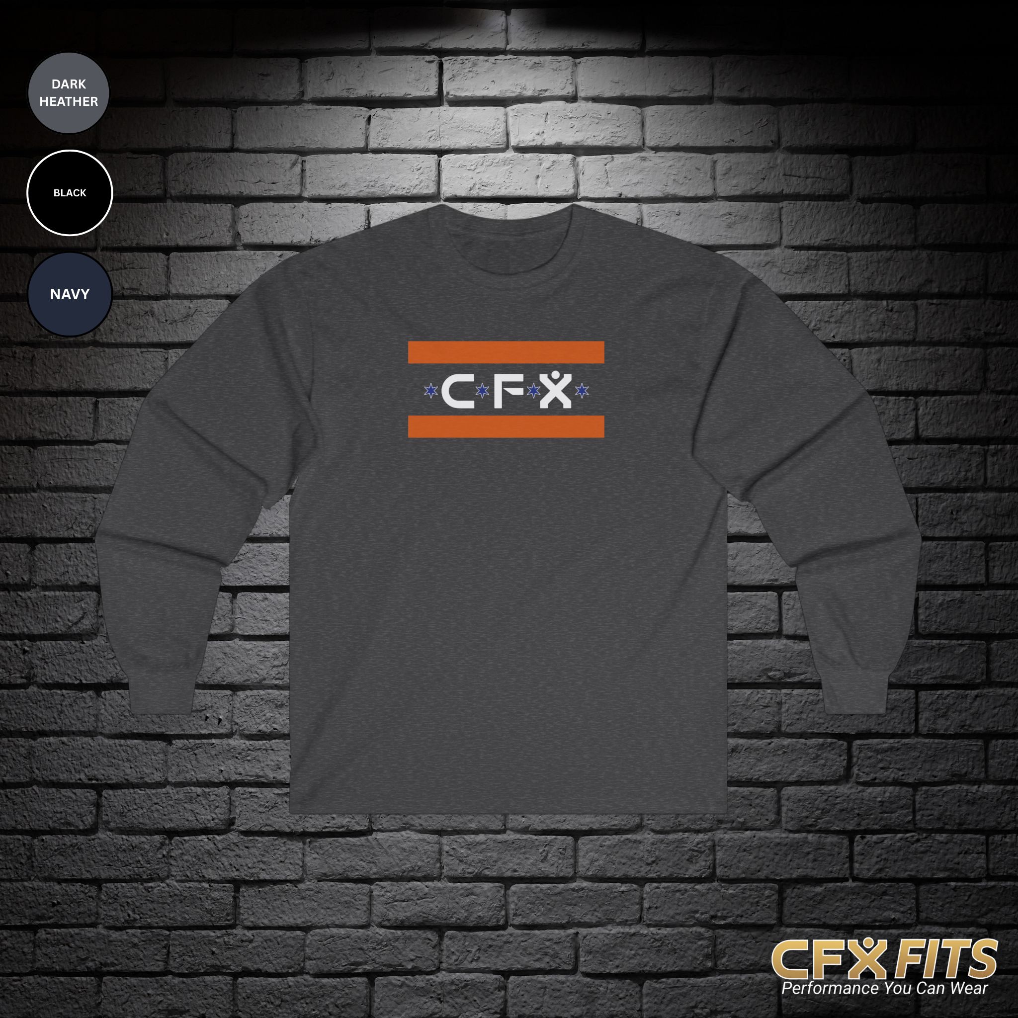 The front of the It’s Chicago Sports Gildan long sleeve t-shirt in dark heather with Chicago sports design