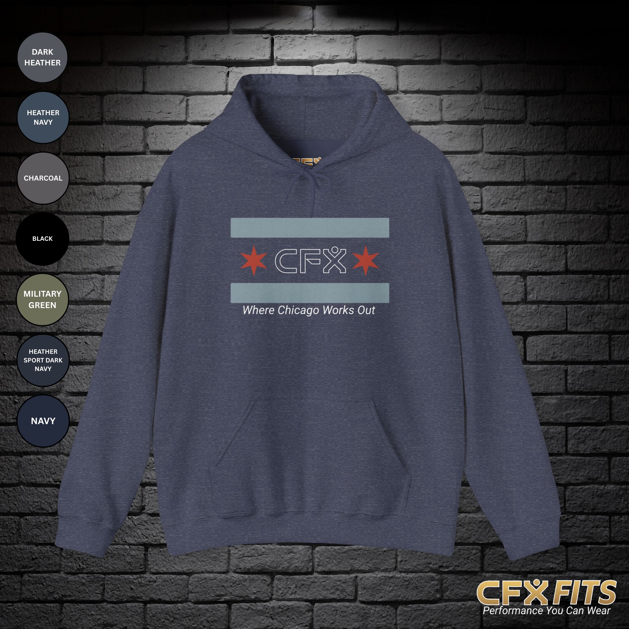 Chicago Flag CFX Gildan hoodie in heather sport dark navy.