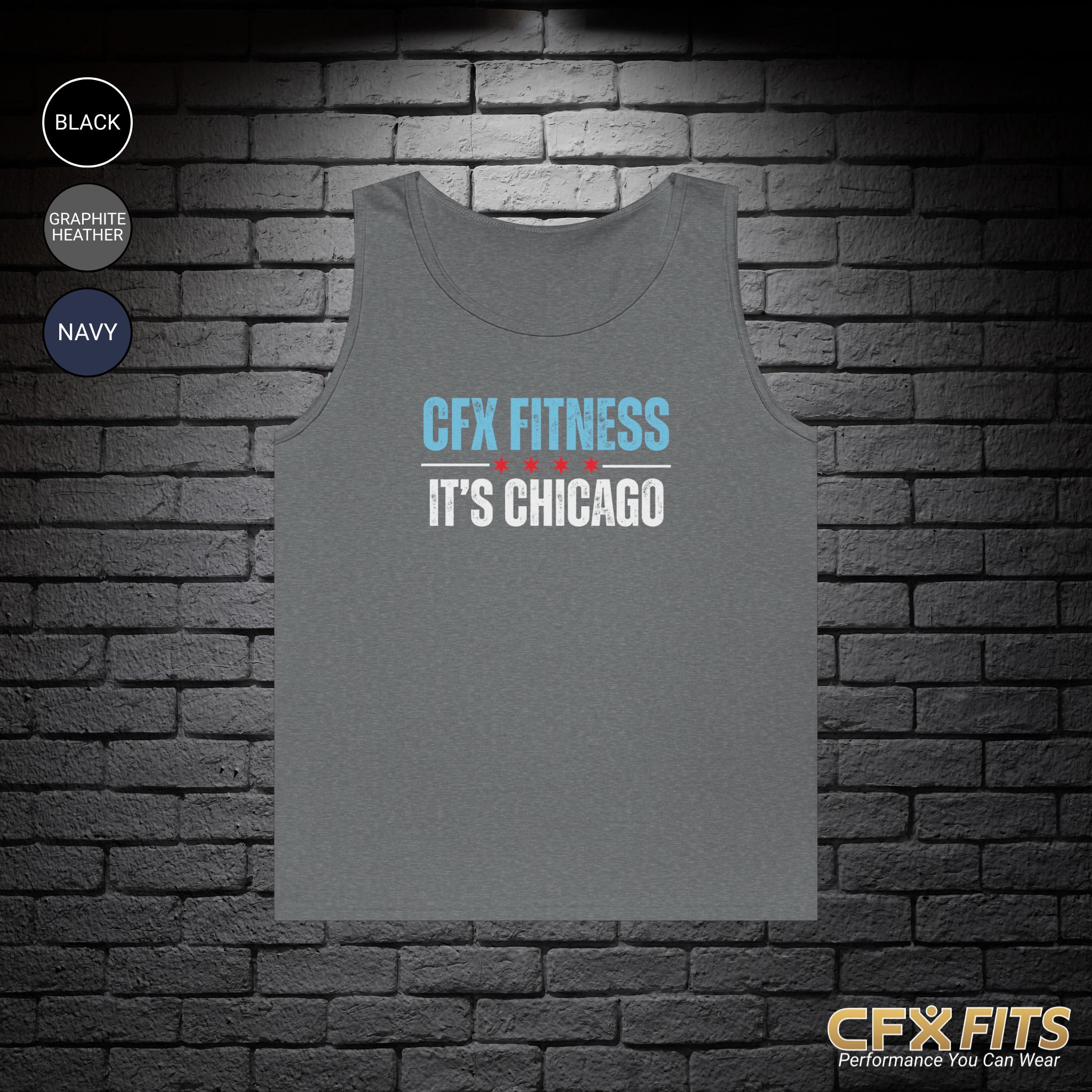 CFX It’s Chicago Gildan tank top in graphite heather with bold Chicago fitness design