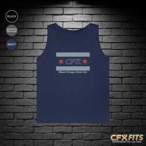 Chicago Flag CFX Gildan tank top in navy with Chicago flag inspired fitness design