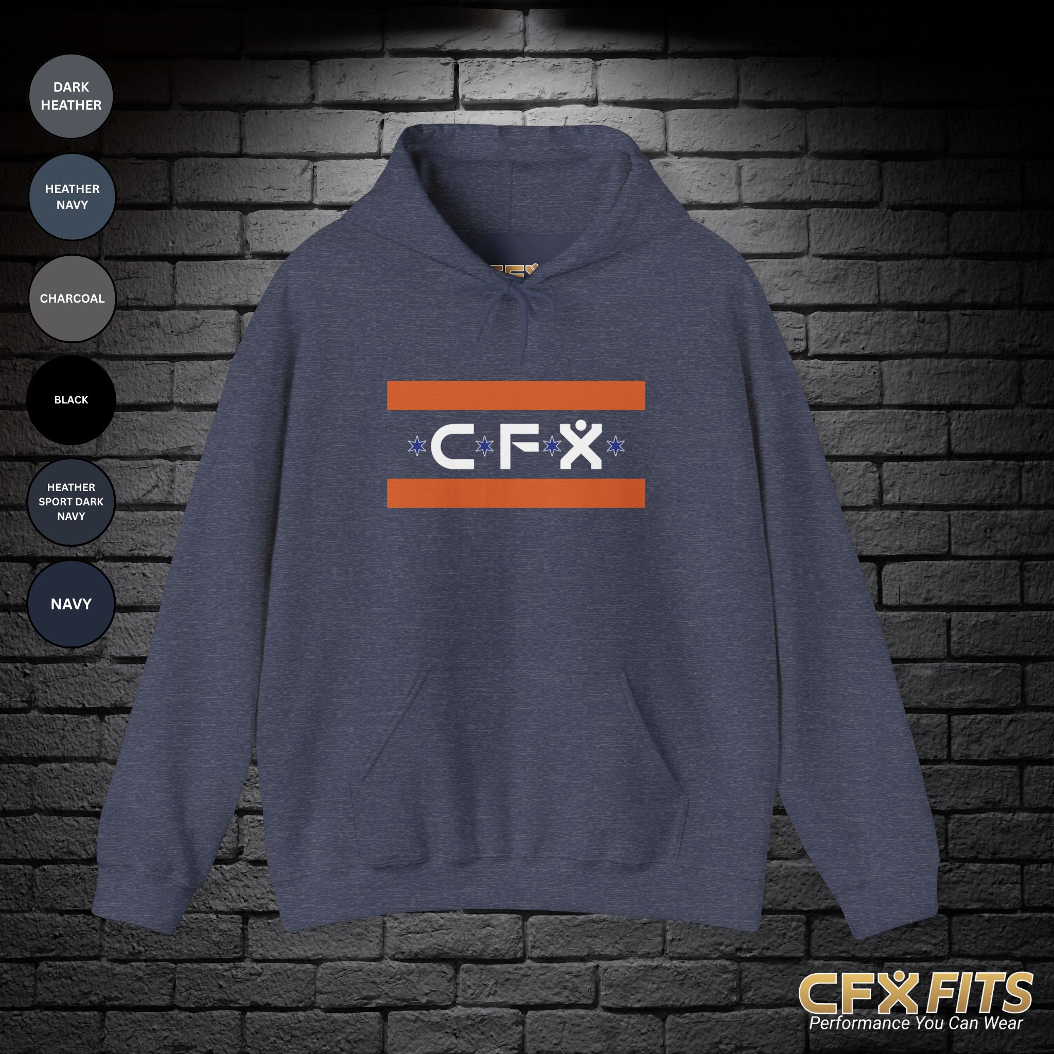 Front of the It’s Chicago Sports Gildan hoodie in heather sport dark navy.