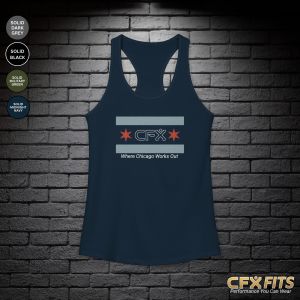Chicago Flag CFX women’s racerback tank in solid midnight navy with Chicago flag inspired design
