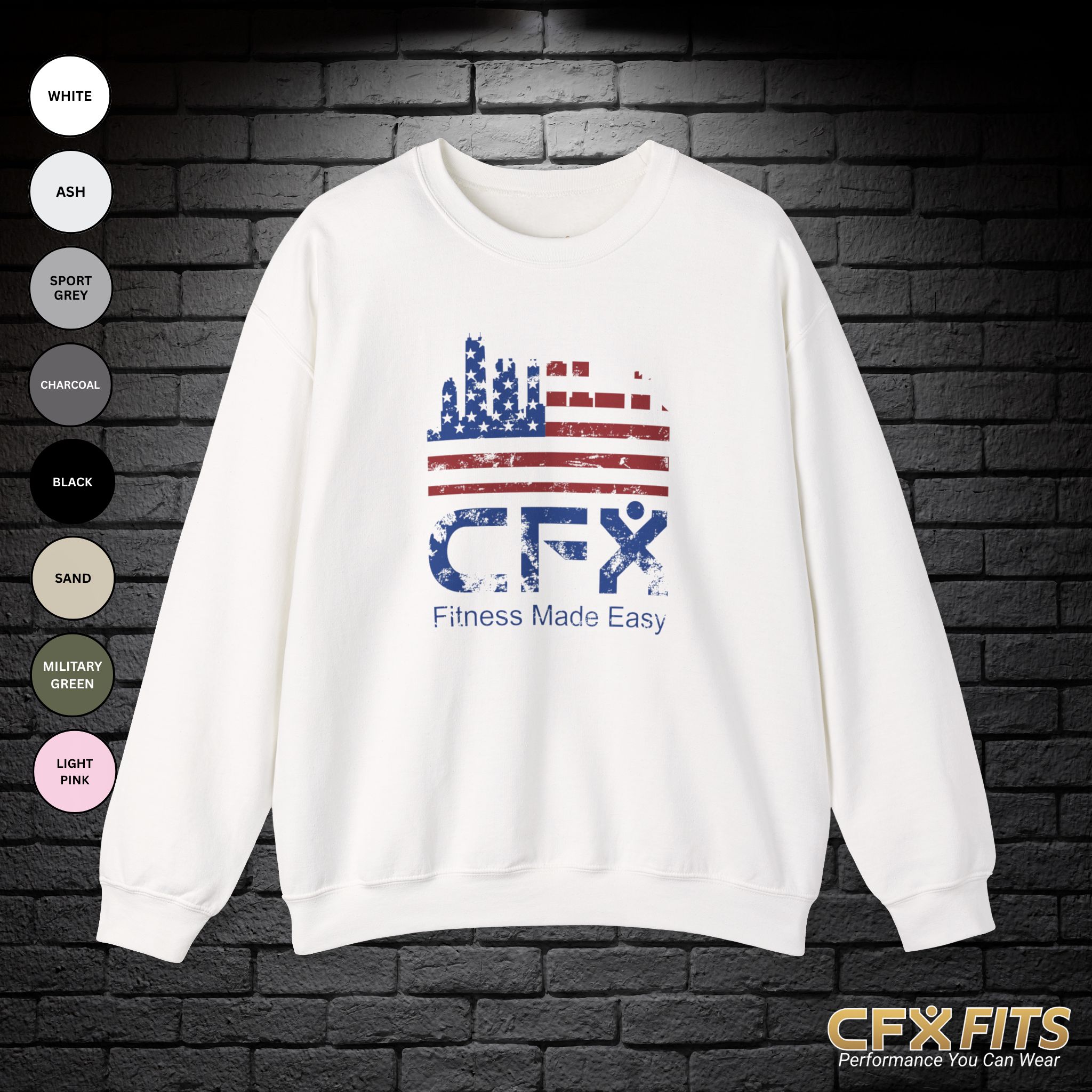 Red White Built in Chicago CFX Gildan crewneck sweatshirt in white.
