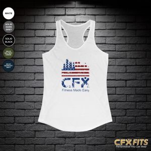 Red White and Built in Chicago women’s racerback tank in white with patriotic Chicago design