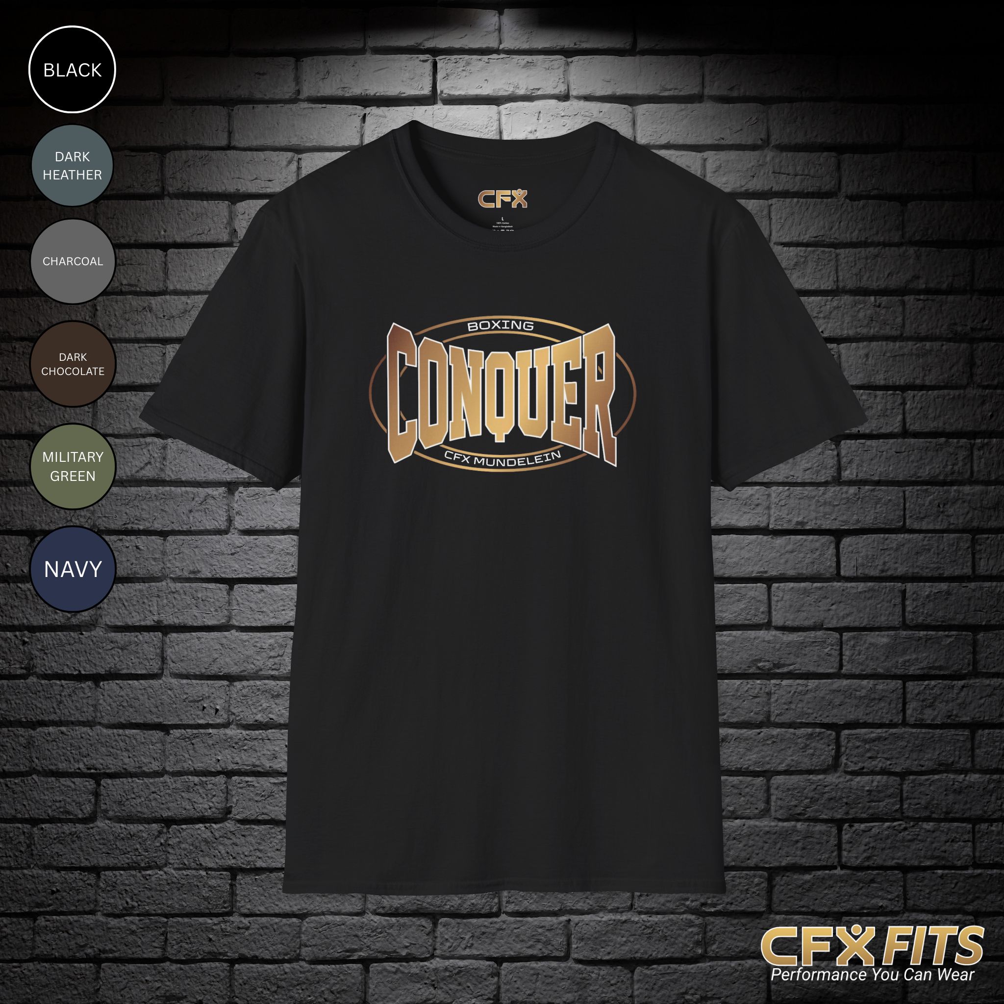 Conquer Boxing Mundelein shirt in black with Conquer Fight Club logo