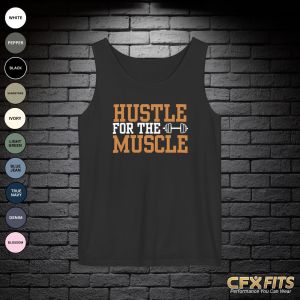 Hustle for the Muscle tank with dumbbell graphic on black Comfort Colors tank top