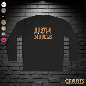 Hustle for the Muscle long sleeve with dumbbell graphic on black Sport-Tek shirt