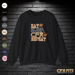 Eat Sleep CFX Repeat crewneck on black Gildan sweatshirt