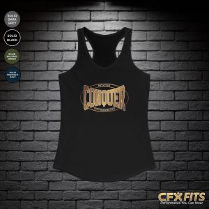Conquer Mundelein Women’s Tank with Conquer Boxing logo on solid black Next Level racerback tank