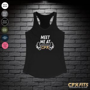 Meet Me at CFX women’s tank with dumbbell graphic on solid black Next Level racerback tank