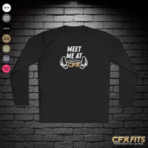 Meet Me at CFX long sleeve with dumbbell graphic on black Sport-Tek shirt