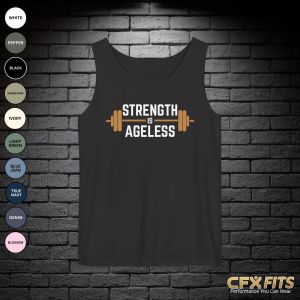 Strength is Ageless tank with barbell graphic on black Comfort Colors tank top