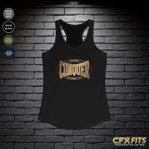 Conquer Crest Hill women’s tank with Conquer Boxing logo on a solid black Next Level racerback tank