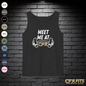 Meet Me at CFX tank with dumbbell graphic on black Comfort Colors tank top