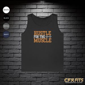 Hustle for the Muscle tank top with dumbbell graphic on a black Gildan tank