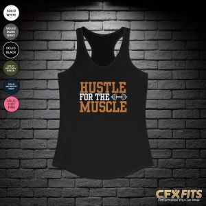 Hustle for the Muscle women’s tank with dumbbell graphic on solid black Next Level racerback tank
