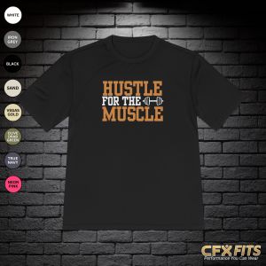 Hustle for the Muscle performance shirt with dumbbell graphic on black Sport-Tek T-shirt