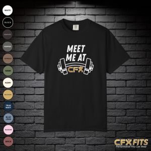 Meet Me at CFX tee with dumbbell graphic on black Comfort Colors T-shirt
