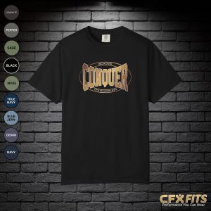 Conquer Mundelein tee with Conquer Boxing logo on a black Comfort Colors T-shirt