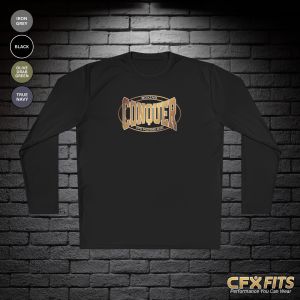 Conquer Mundelein long sleeve with Conquer Boxing logo on a black Sport-Tek shirt