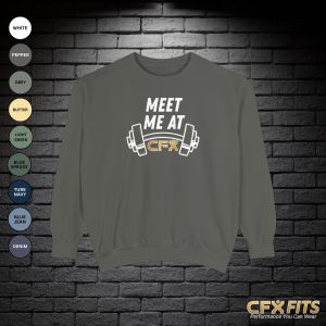 Meet Me at CFX crewneck with dumbbell graphic on pepper Comfort Colors sweatshirt