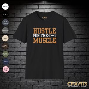 Hustle for the Muscle shirt with dumbbell graphic on a black Gildan shirt