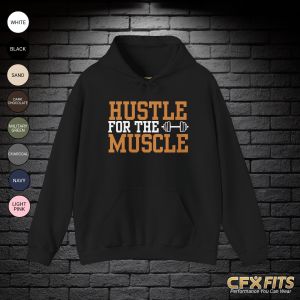 Hustle for the Muscle hoodie with dumbbell graphic on a black Gildan sweatshirt