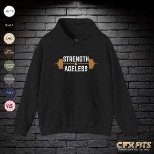 Strength is Ageless hoodie with barbell graphic on black Gildan sweatshirt