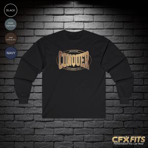 Conquer Crest Hill long sleeve with Conquer Boxing logo on a black Gildan shirt