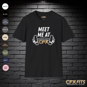 Meet Me at CFX shirt with dumbbell graphic on black Gildan T-shirt