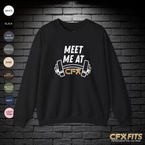 Meet Me at CFX crewneck with dumbbell graphic on black Gildan sweatshirt