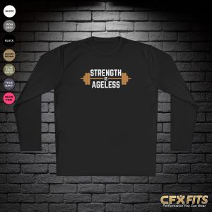 Strength is Ageless long sleeve with barbell graphic on black Sport-Tek shirt