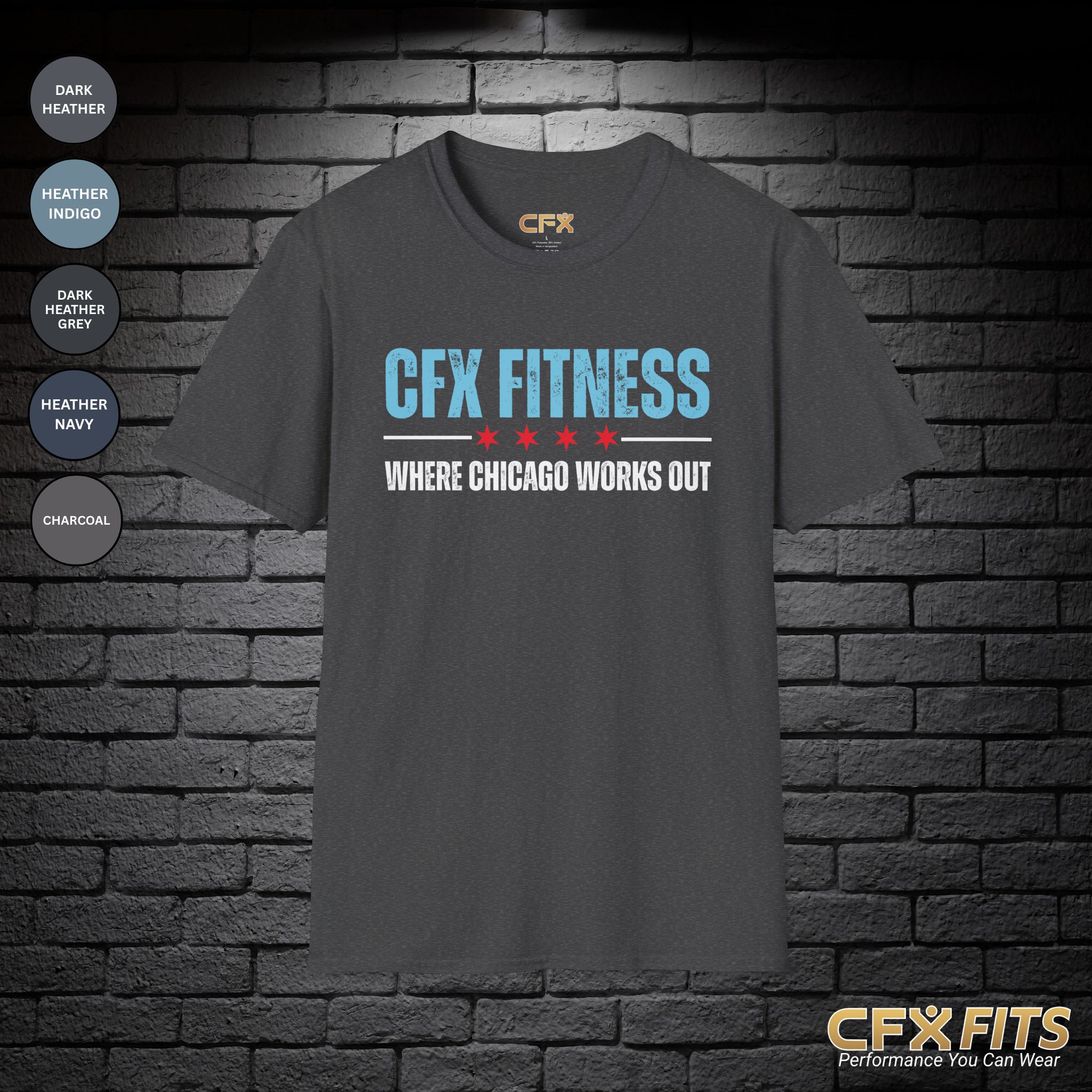 Where Chicago Works Out shirt with CFX Fitness design on dark heather Gildan T-shirt
