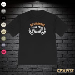 Stronger Than Your Excuse performance shirt with barbell graphic on black Sport-Tek T-shirt