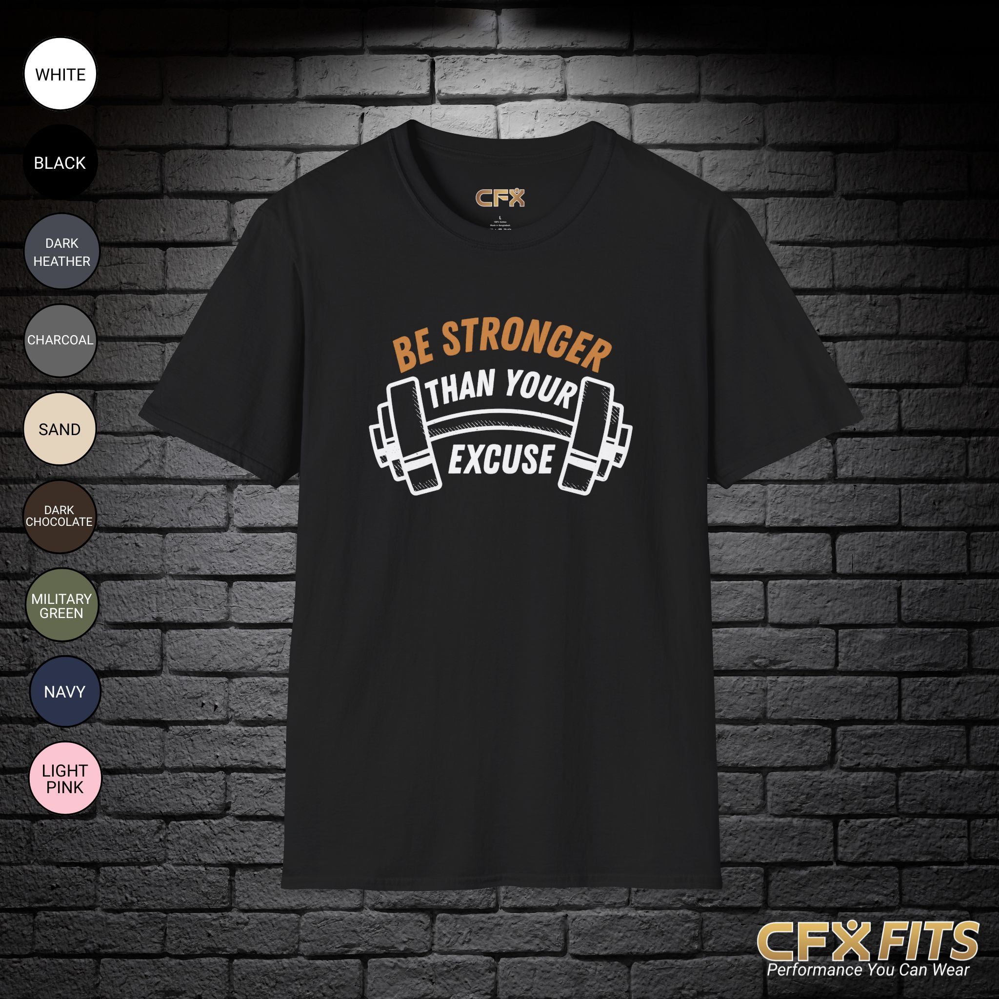 Be Stronger Than Your Excuses shirt with barbell graphic on black Gildan T-shirt