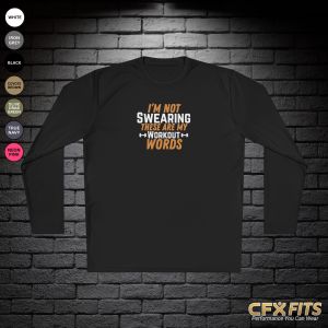 Workout Words long sleeve with funny fitness quote on black Sport-Tek shirt