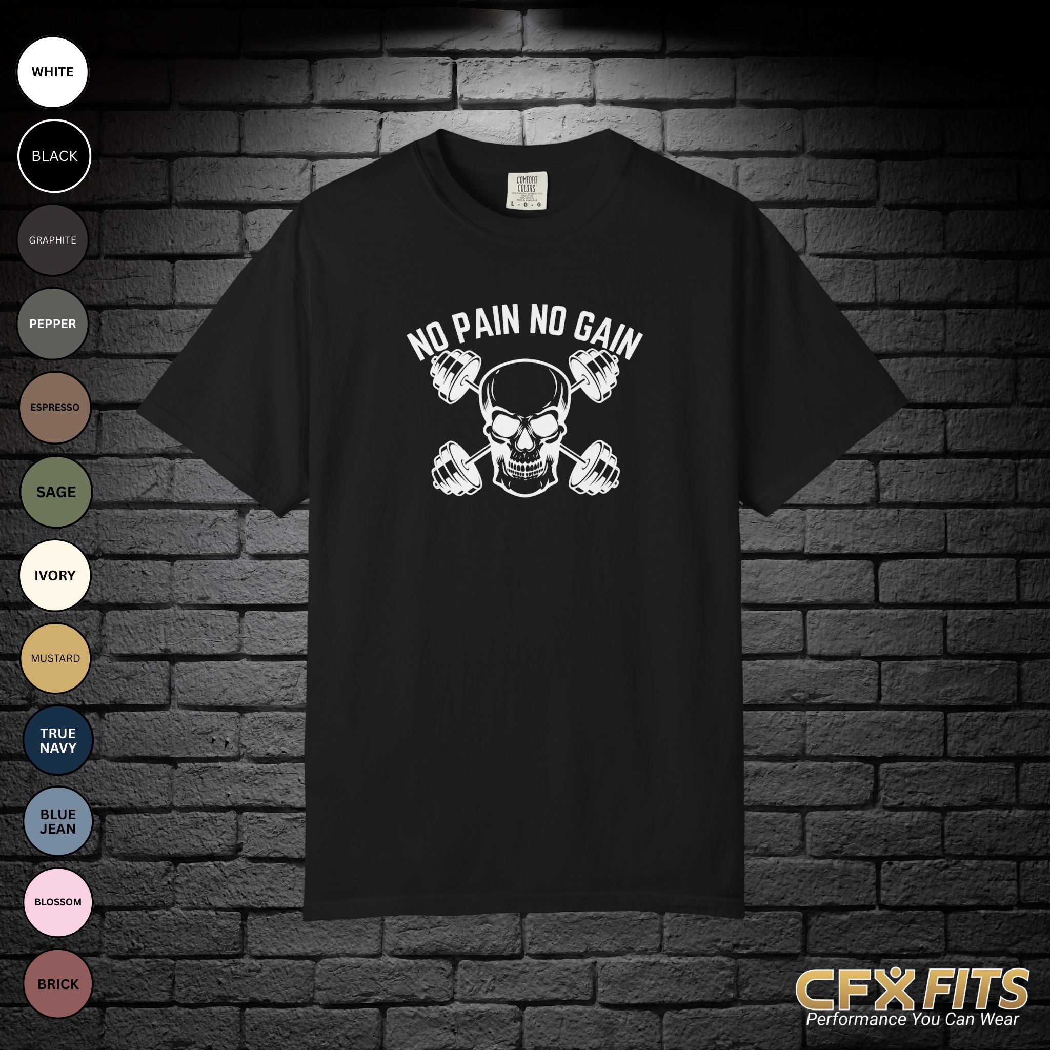 No Pain No Gain tee with skull and dumbbell graphic on a black Comfort Colors T-shirt