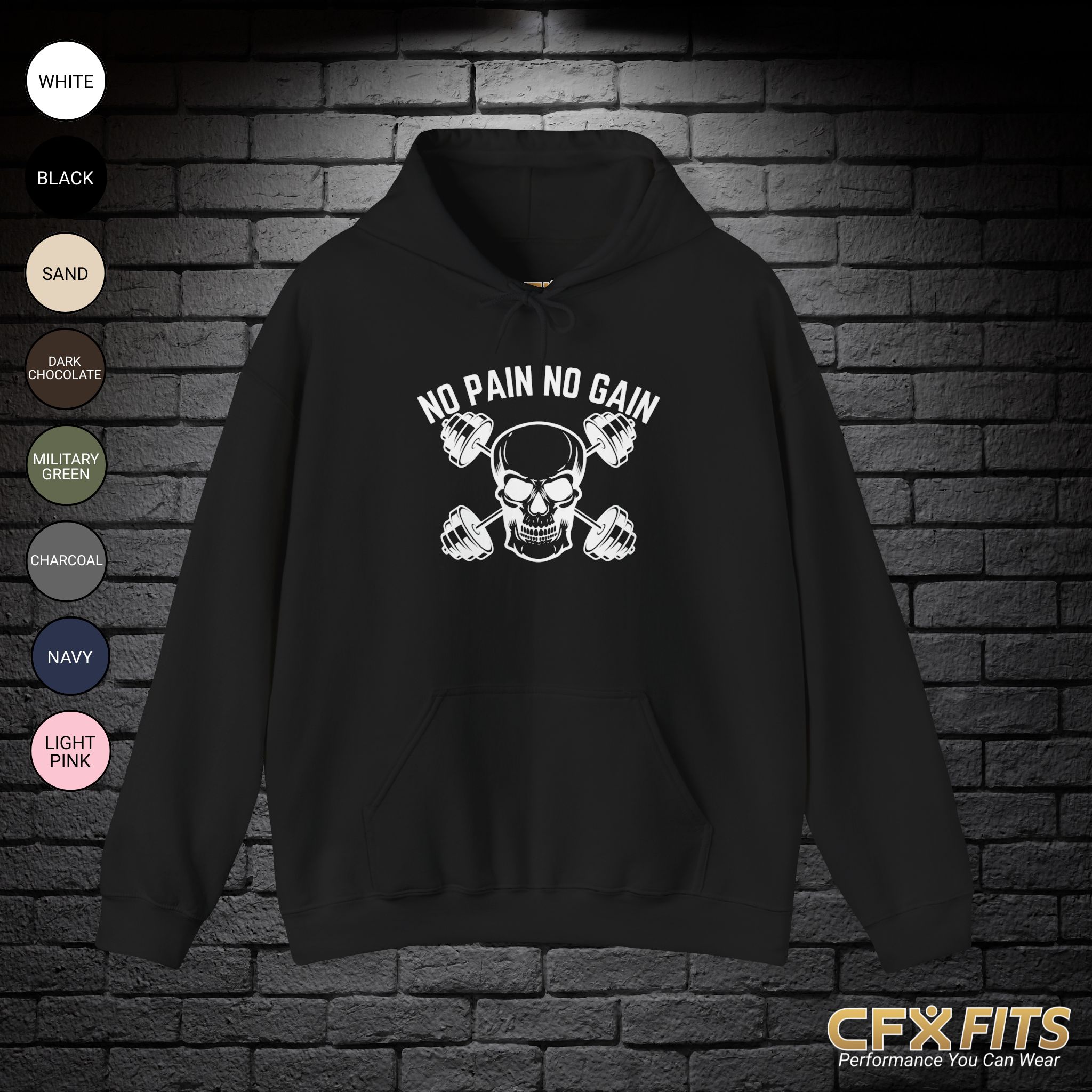 No Pain No Gain hoodie with skull and dumbbell graphic on black Gildan sweatshirt