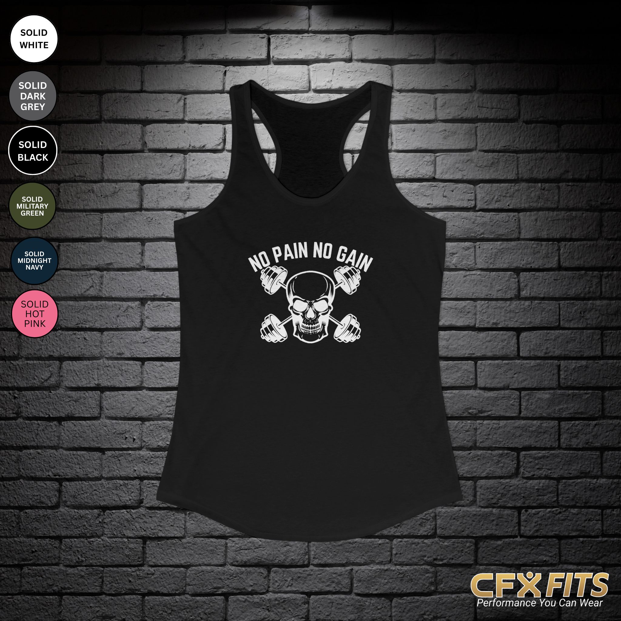 No Pain No Gain tank with skull and dumbbell graphic on solid black Next Level tank top